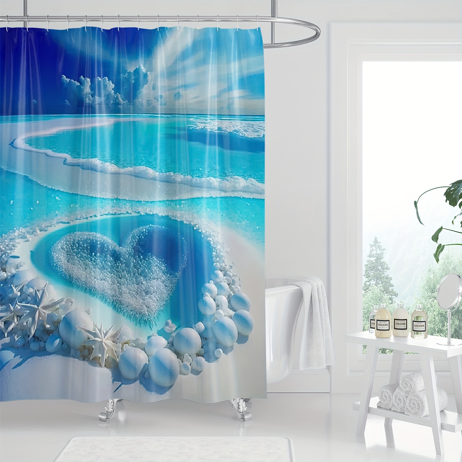 

1pc Ocean Beach Love Heart Shower Curtain, Blue Sky Clouds Digital Print, Waterproof Bath Decor, Machine Washable