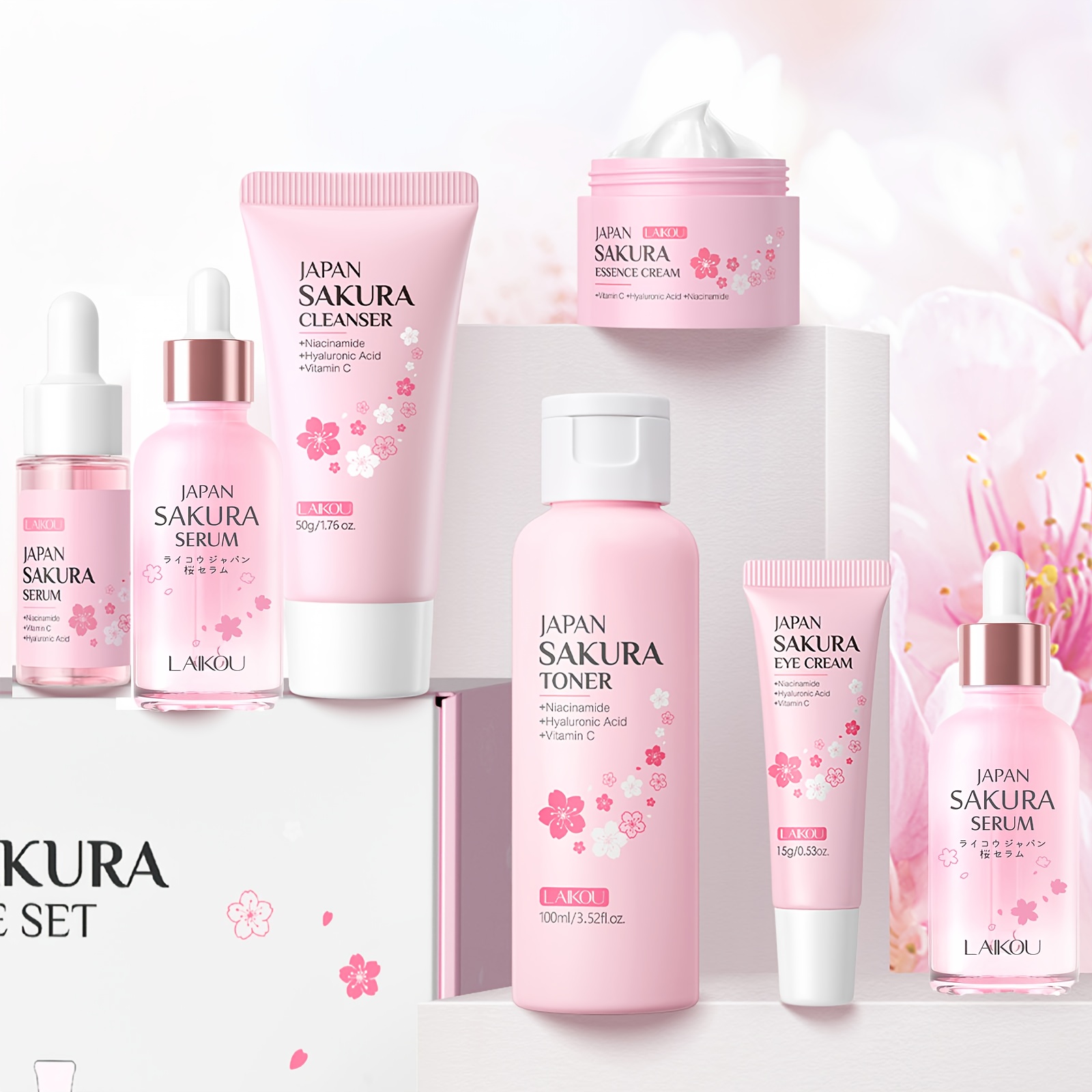 TEMU LAIKOU Sakura Hautpflege-Set, mit Feuchtigkeitsspendendem Toner, Serum, Augencreme, Gesichtscreme, Reinigungsmittel 2 Serums für alle Hauttypen,