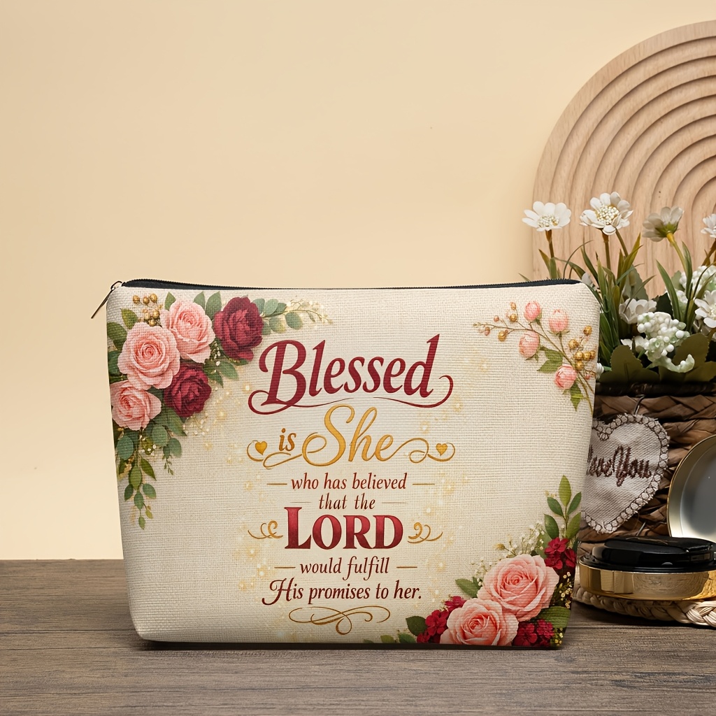 TEMU Makeup Bag 1pc, With Faith For Cosmetic Bag For Women, Lightweight Clutch Handbag With Zipper, Double-sided Print Toiletry Pouch For Cosmetics,