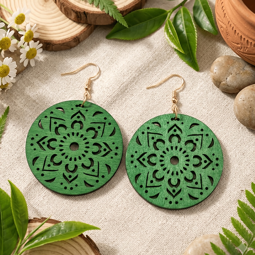 4-Pair Vintage Round Mandala Wooden Drop Earrings Set
