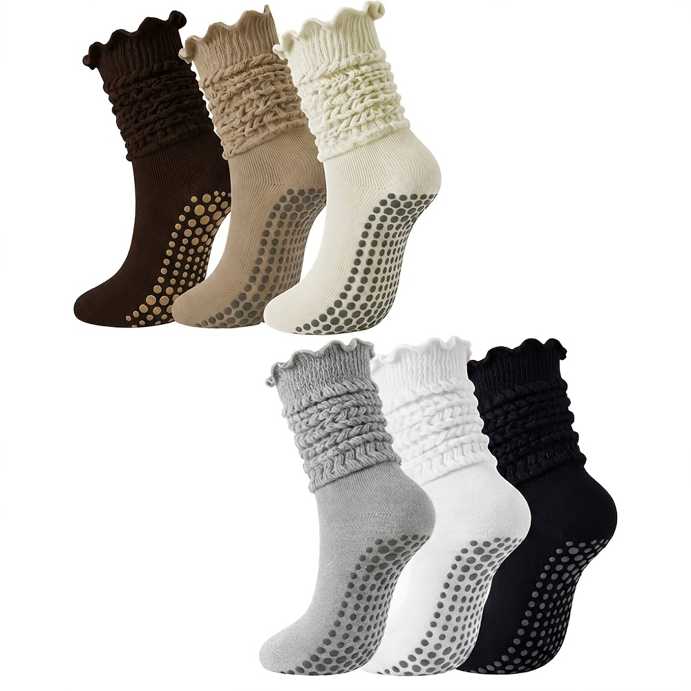 TEMU 6 Pairs Indoor Anti-slip Yoga Socks, Women's Pilates Silicone Bottom Non-slip Calf Socks, High-end Wood Design Stacked Socks, Casual Versatile