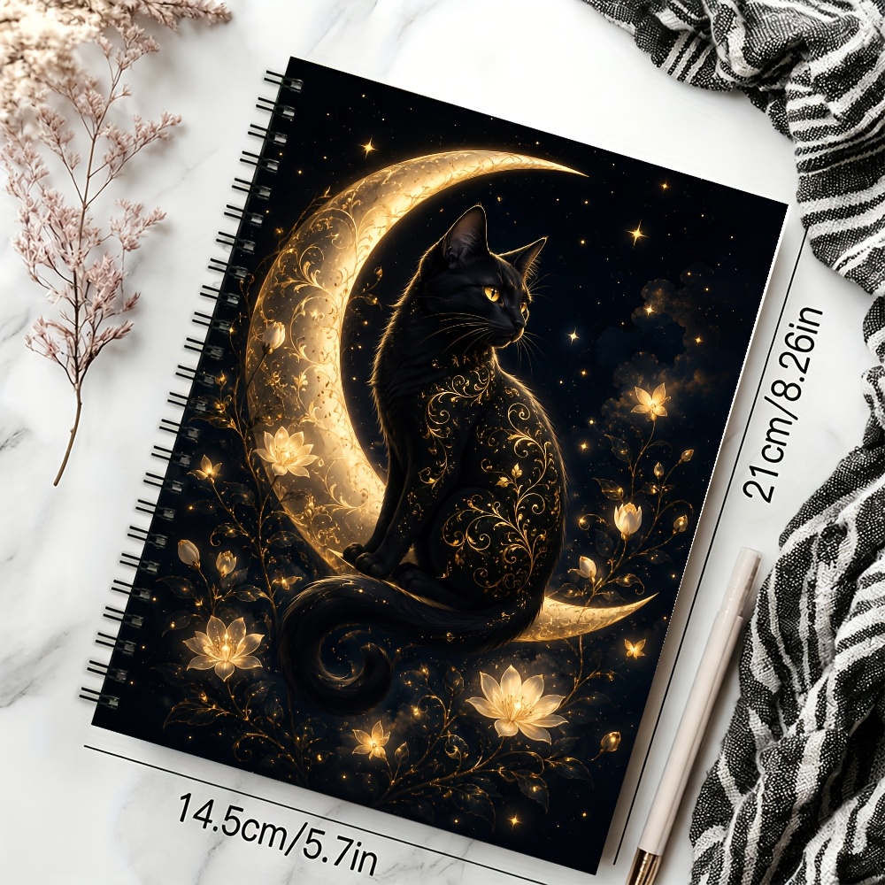 TEMU 1pc A5 Black Cat Moon Floral Spiral Notebook, 50 Pages/25 Sheets, Dark Starry Background, Warm Metallic Tone , Black Cat, And Vine Journal For