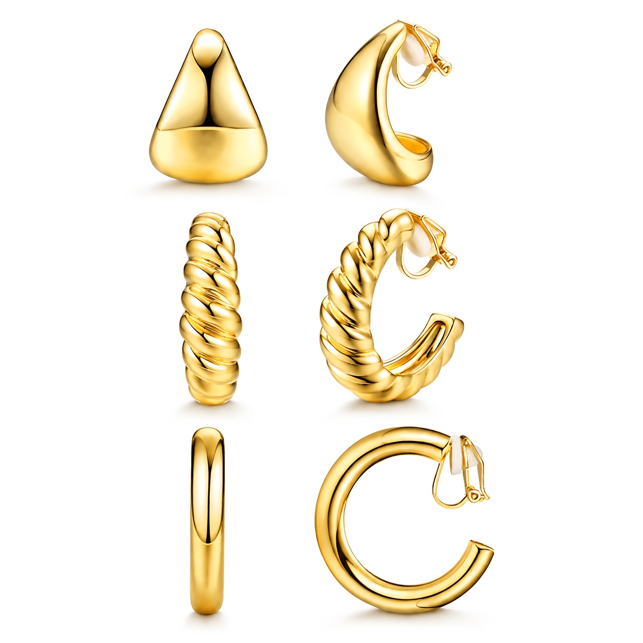 TEMU 3 Pairs Clip-on Earrings Set For Women, Non-pierced Ear Clips Pack With Chunky Hoop Braided Croissant Design, Vintage Ear Jewelry For Party