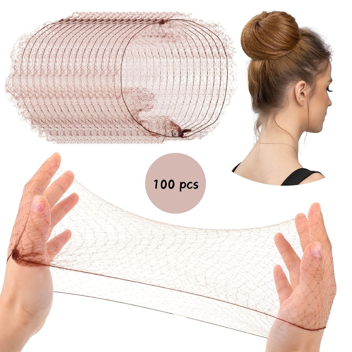 E-shop 50/100 Stück Hochelastisches Unsichtbares Haar-Dutt-Netz, 20-Zoll Braunes Netz für Balletttänzer, Perückenstyling und Schlafen - Elegantes &