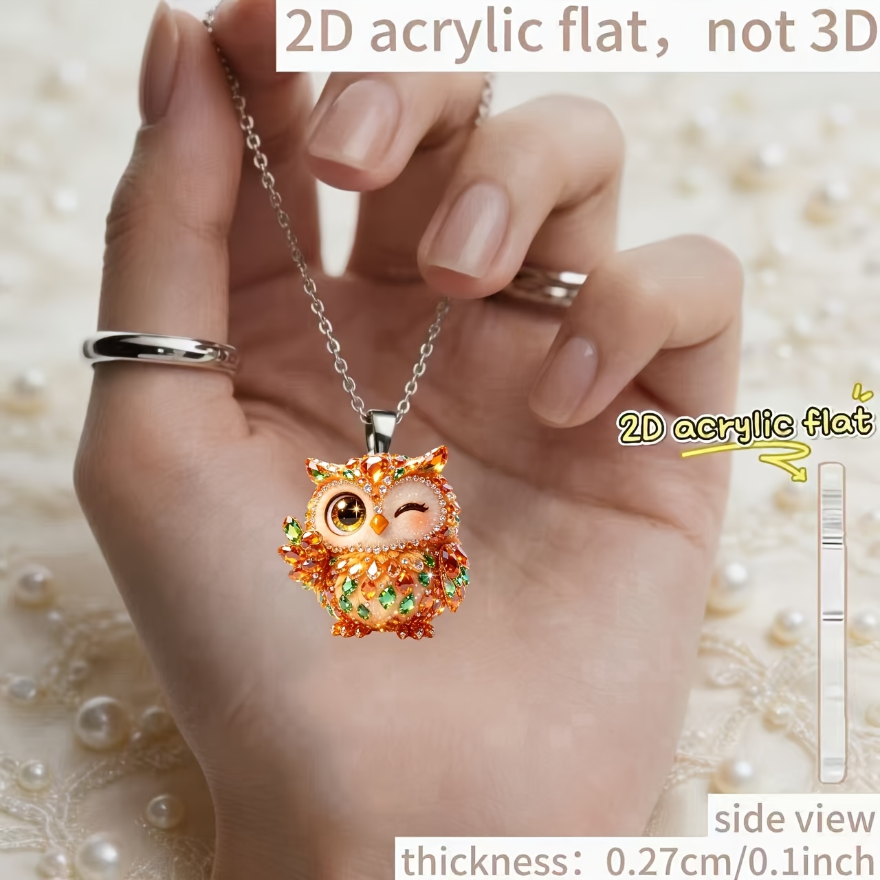 2D Acrylic Owl Pendant Necklace, Unisex Gift