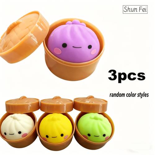 cute bao bun toys 3pcs kids multi item party favor packs mini soft squeeze stress relief toy with steamer container shaped fidget sensory toy for kids random colors