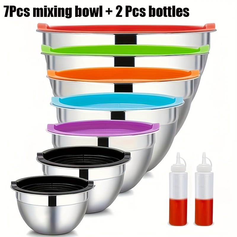 TEMU 7pcs Mixing Bowls With Lids/7pcs Mixing 2pcs Bottles For Kitchen, Stainless Steel Mixing Bowls Set Ideal For Baking, Prepping, Cooking And