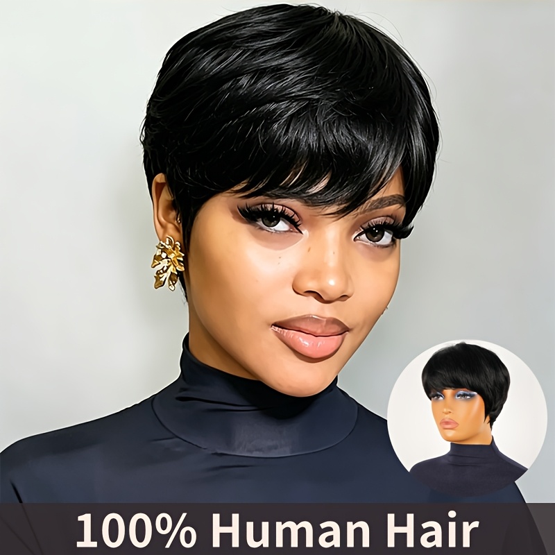 TEMU Perruque courte et lisse en cheveux humains de 15 cm avec frange, de 150 %, cheveux brésiliens , fabrication entière à , facile à , convient à
