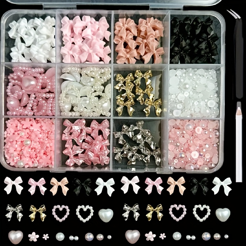 Kit de decorare pentru unghii 3D cu 12 grile - Perle de inimă cu spate plat, strasuri și cercuri (negru/alb/roz) pentru unghii acrilice cu gel, manichiură DIY - Include pensete și stilou cu puncte, accesorii pentru saloane