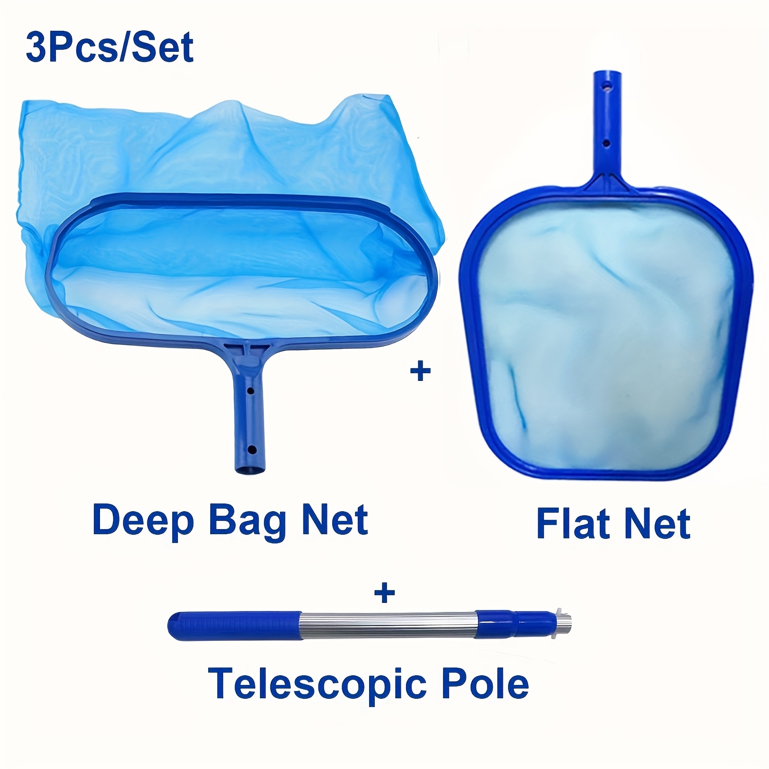 Image of 2pcs/3pcs Heavy-duty Pool Cleaning Kit With Telescopic Aluminum Pole (17-41in) - Deep/flat Bag Skimmer Net, Leaf & Fine Mesh Pool Net For Swimming Pools, Hot Tubs