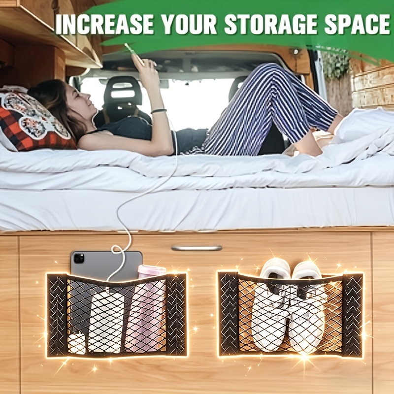 TEMU 1 Pack No Drill Strong Adhesive Wall Mount Mesh Storage Bags For Cabinet Door, Car Trunk, Under Sink, Rv & Van Storage Space
