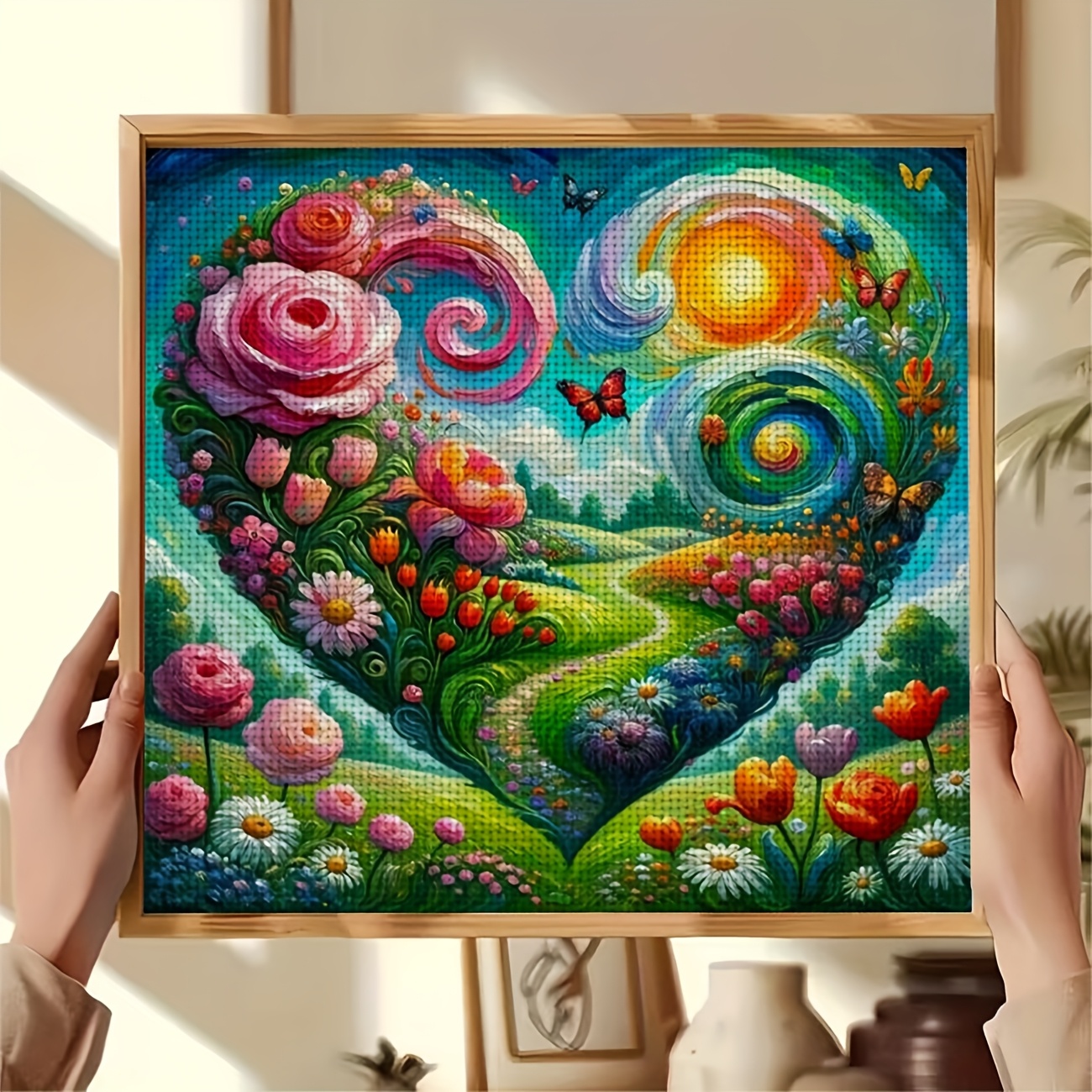 Printed DIY Cross Stitch Kit, Frameless, Heart-Shaped Floral Sea