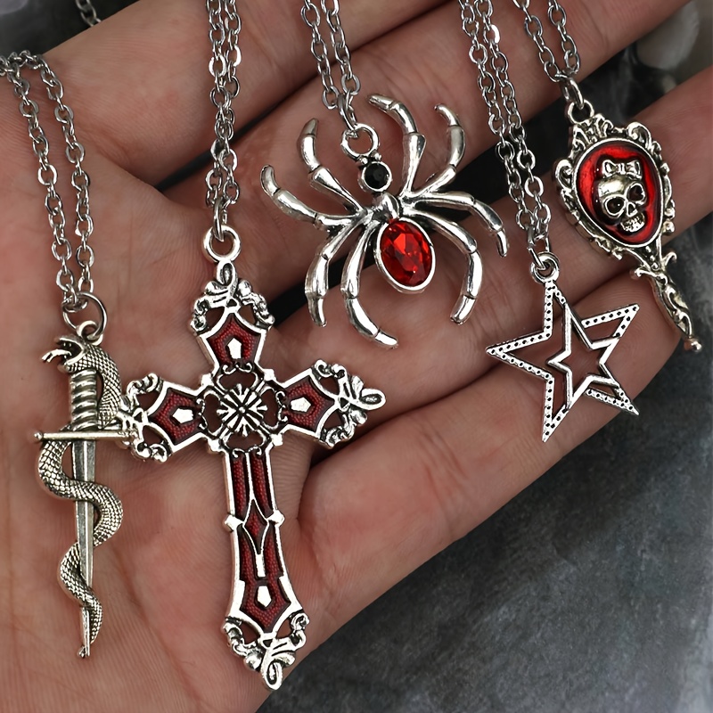 Image of 5pcs Vintage Gothic Punk Rock Style Spider, Cross, Star, Skull, Snake, Mirror Pendant Necklace Set, Bohemian, Hip-hop, Men's Jewelry, Halloween Gift