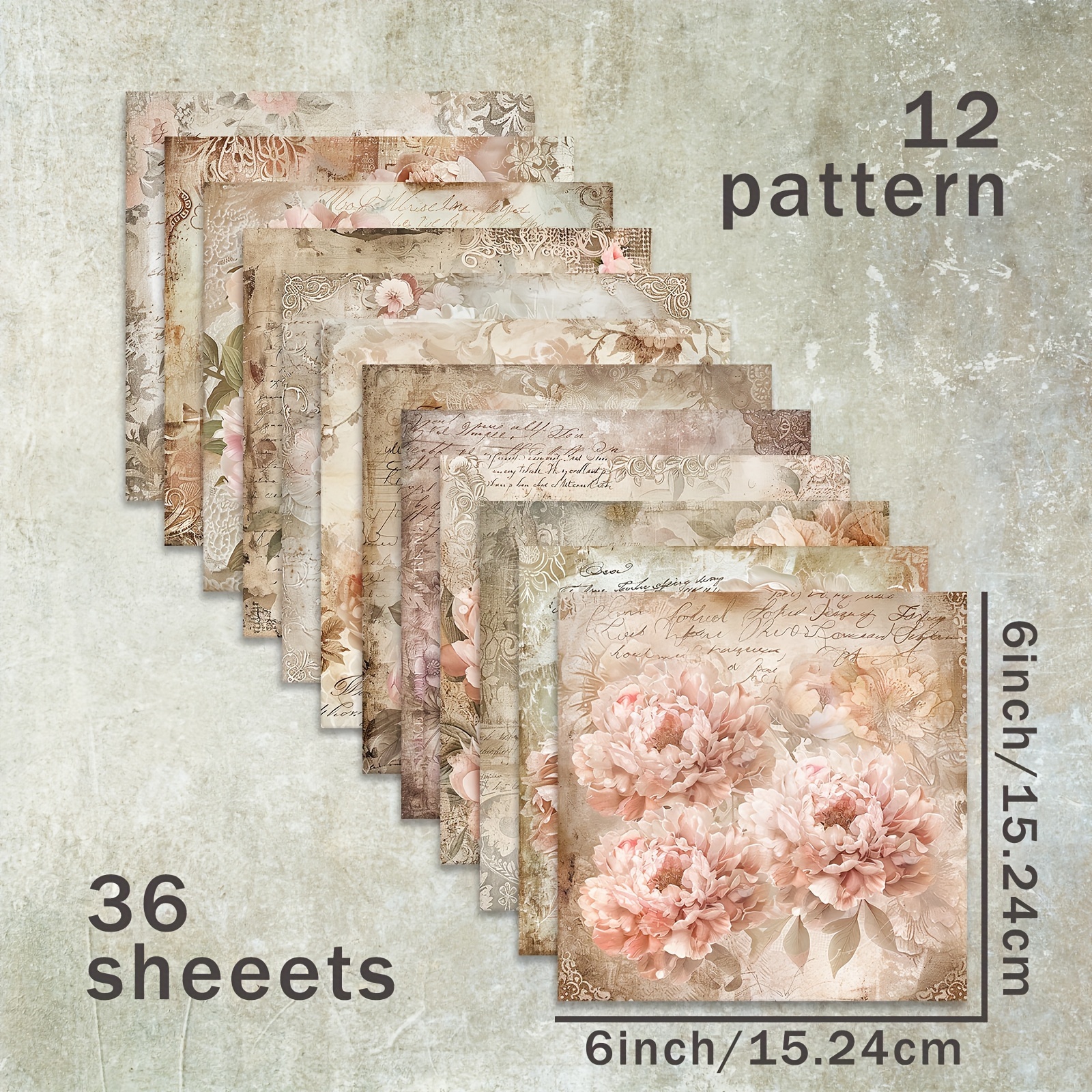 TEMU 36-arks Vintage Peony Floral Scrapbook Papirblokk, 6x6 tommers dekorativt håndverkspapir for Bullet Journals, Junk Journals, gratulasjonskort,