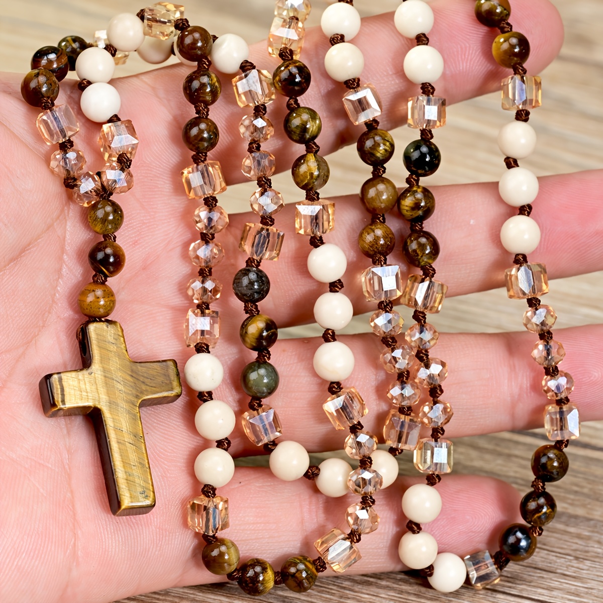 Unisex Natural Tiger Eye Cross Pendant Necklace