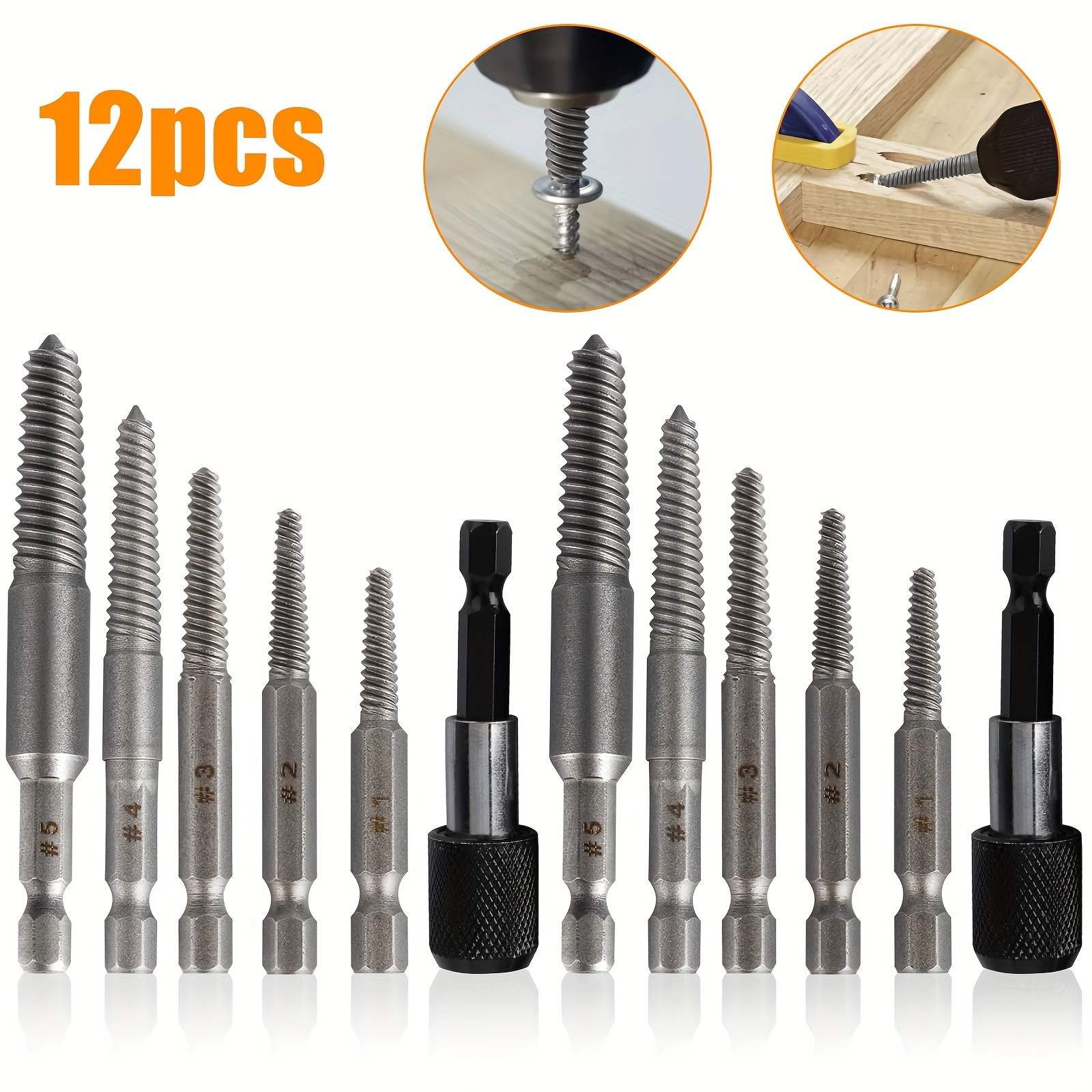 TEMU 10pcs Alloy Stud Screw Extractor & 2pcs Drill Bit Extensions, Damaged Set With 1/4" Shank, For Multi-sized Bolts & Stripped Screws