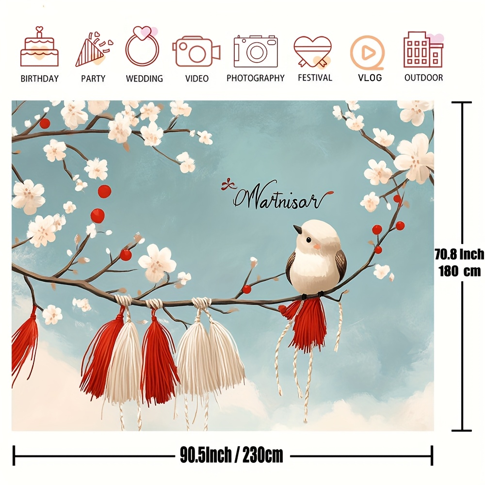 TEMU 2d Flat, 1pc, Whimsical Cartoon Ornament Backdrop With Red And White Woven Hemp Tassels, Bird And Blooming , Ideal Event Backdrop For March