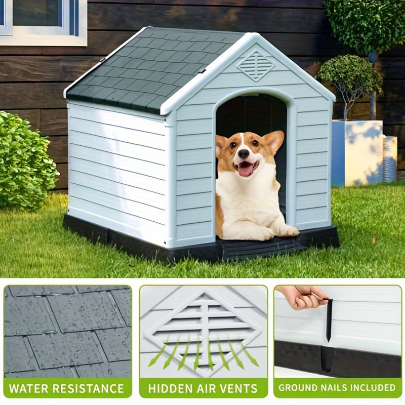 

Large Outdoor Dog House, Plastic Doghouse With Air Vents And Ground Nails, Insulated Water Resistant Puppy Shelter For Small Medium Dogs (28. 5''l X 26''w X 28''h, Gray)