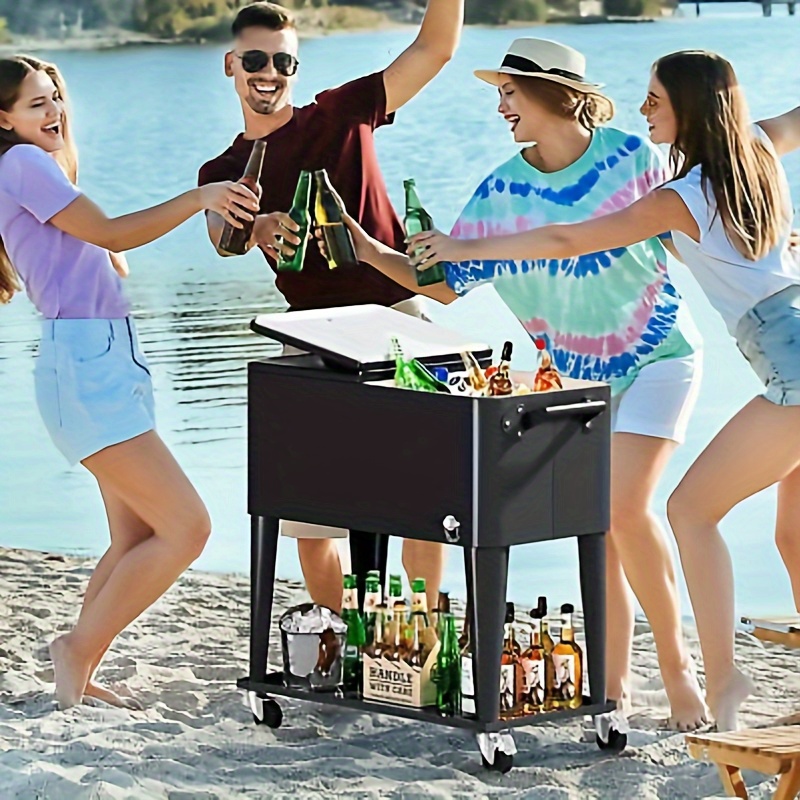 Yarsca Cooler Cart with Bottle Opener Drainage, Portable Patio Cooler on Wheels, Outdoor Beverage Cart Ice Chest Cart, Black