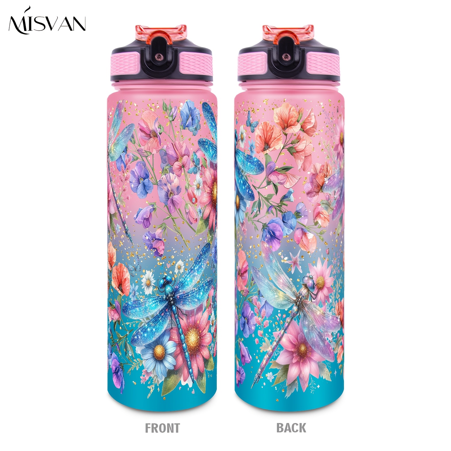 TEMU 1pc, 32oz Water Bottle, Glittery Dragonflies And Colorful Floral Print Extra Large Leakproof Cup With Straw Lid And Time Marker | Oval Bottle |