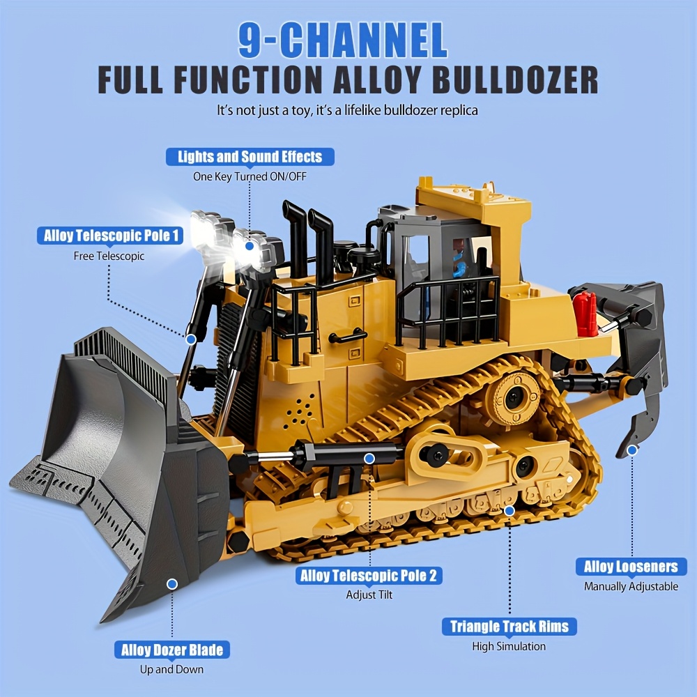 Bulldozer RC Irfora 1/24 – 9 Canaux, 2,4 GHz, Avec Musique Et Lumières – Jouet éducatif Enfant, Charge USB, Autonomie 120 Min