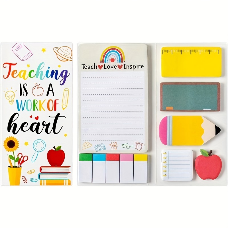 

Teacher Appreciation Sticky Note Set - Personalized Plain Ruled Paper Notepads For School Office Supplies, 14+ Age Group, Teaching Is A Work Of Heart Theme Without Feathers