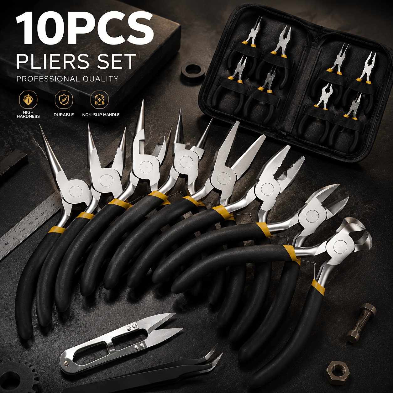 TEMU 10pcs Repair Tool Set, Including Round-nose Pliers, Serrated Needle-nose Pliers, Needle-nose Pliers, U-shaped , Tweezers, Diagonal Pliers,