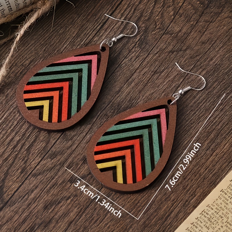 Bohemian Rainbow-Colored Teardrop Geometric Wooden Drop Earrings
