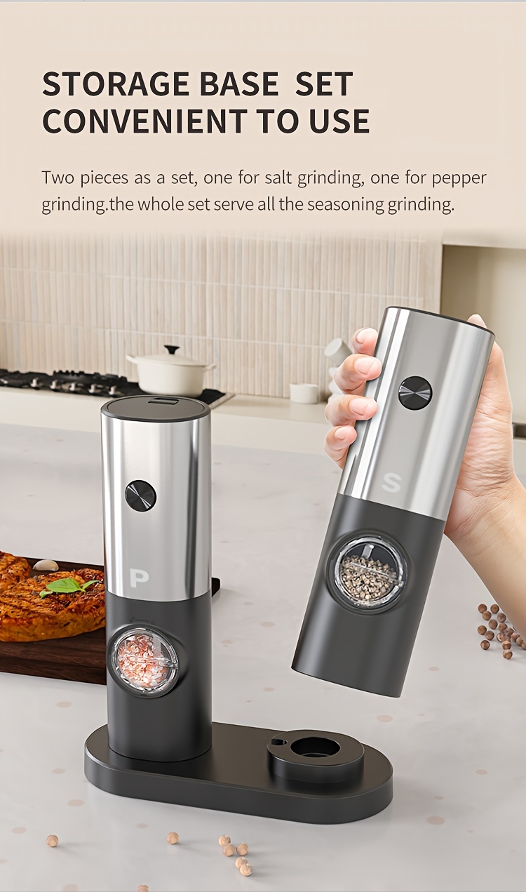 2pc electric salt and pepper grinder set with storage base battery powered automatic grinding with led light adjustable coarseness one hand   start abs material a     set battery not included details 2