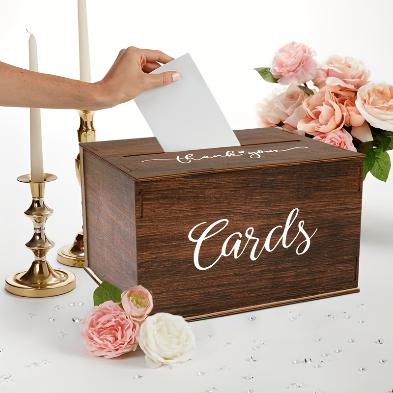 TEMU Single Retro Boho Dark Brown Wood Card Box With Lid & Slot - Rectangular Storage Case Suitable For Wedding, Birthday, Graduation Party Decor,