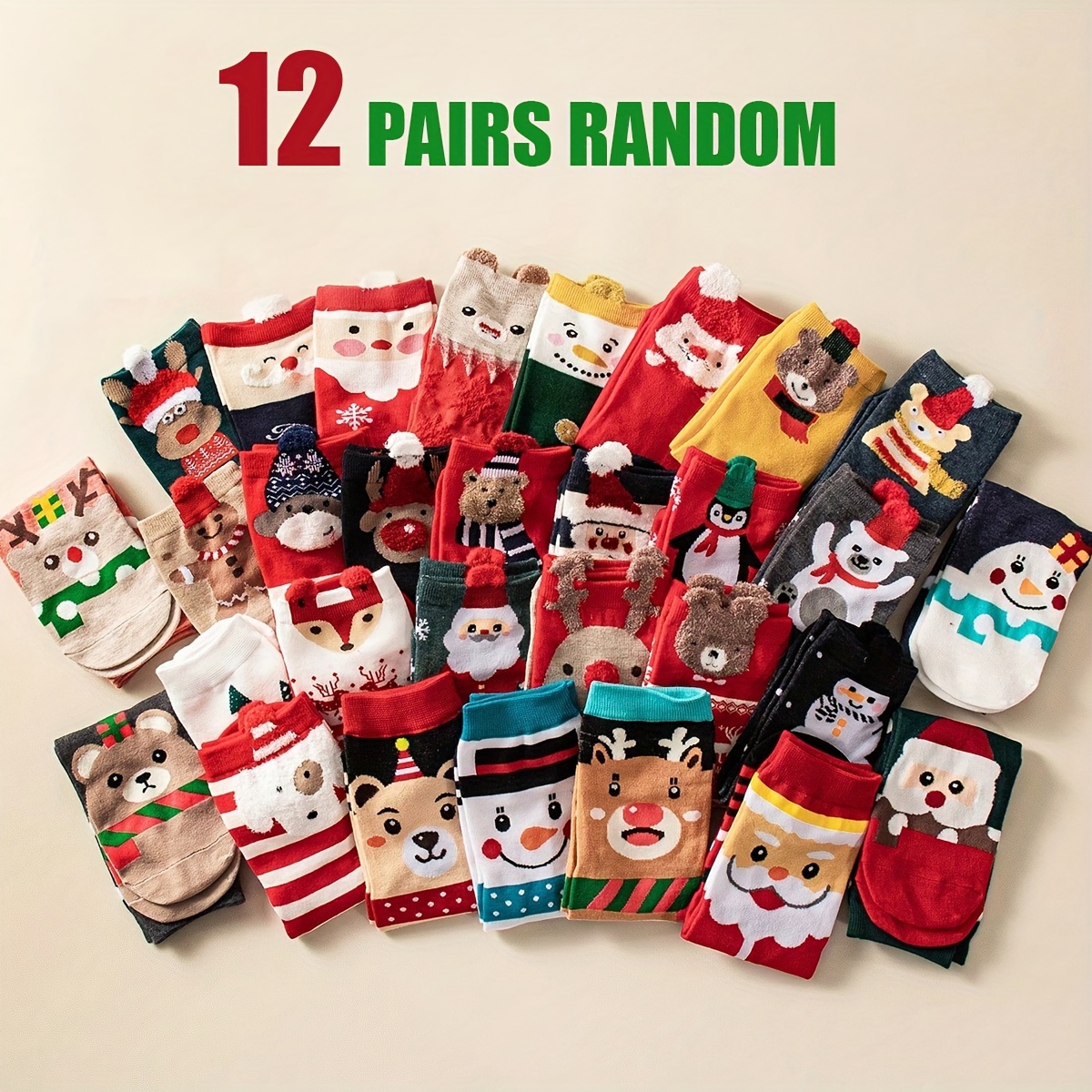 

12pcs Christmas Crew Socks For Teens - Cartoon Patterns, Cozy Polyester , Machine Washable - Holiday Parties & Performances