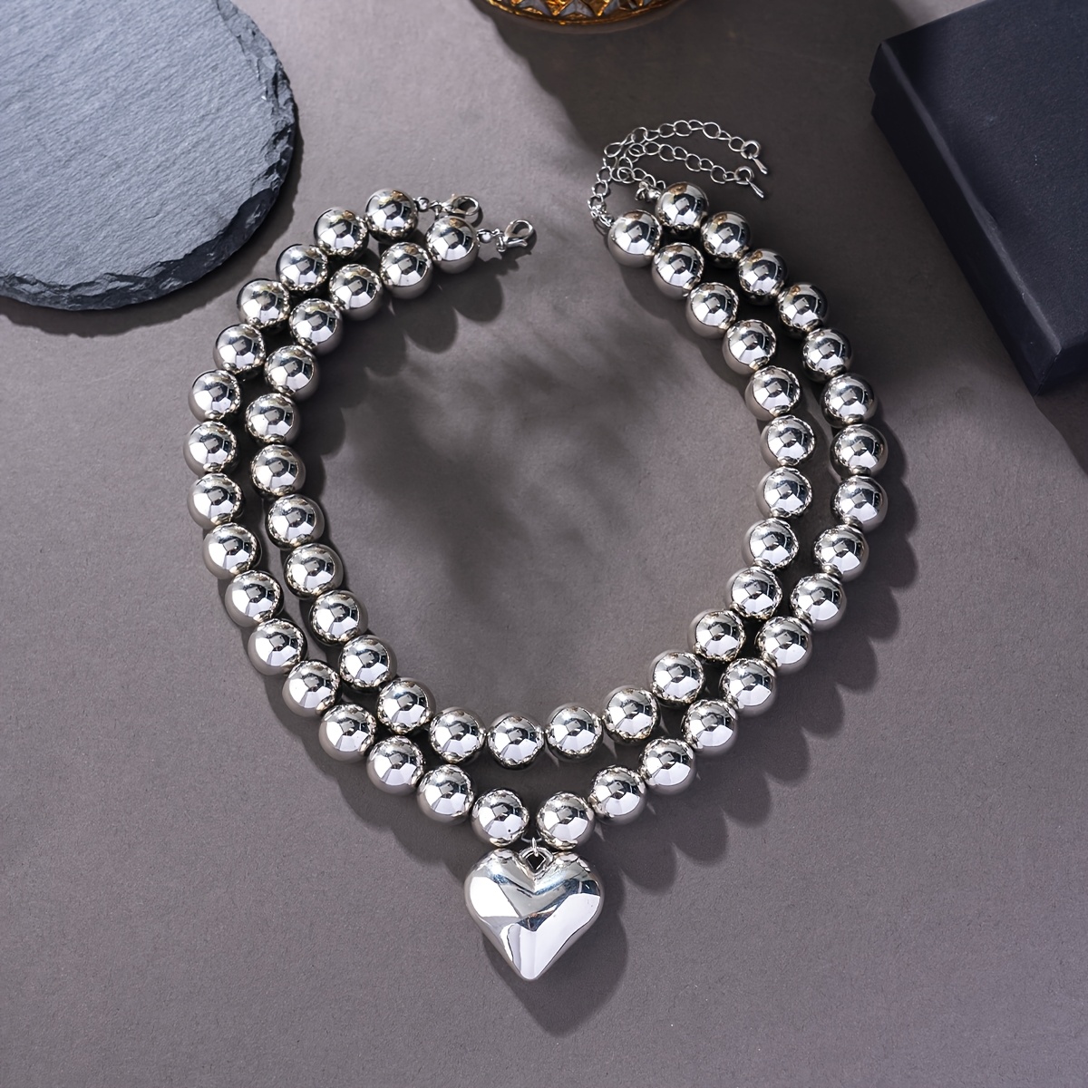 TEMU 2pcs Punk Style Exaggerated Heart-shaped Large Bead Pendant Necklace Set, Multilayer Jewelry Set For Women' Party Banquet Birthday, New Year,