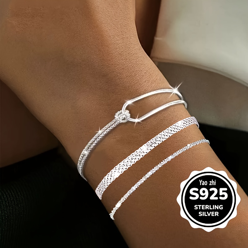 TEMU Shining 3pcs Set -925 Sterling Silvery Half Chain+woven+wavy Bracelet Set - Suitable For Daily Parties, Gatherings, Banquets, Beach Jewelry