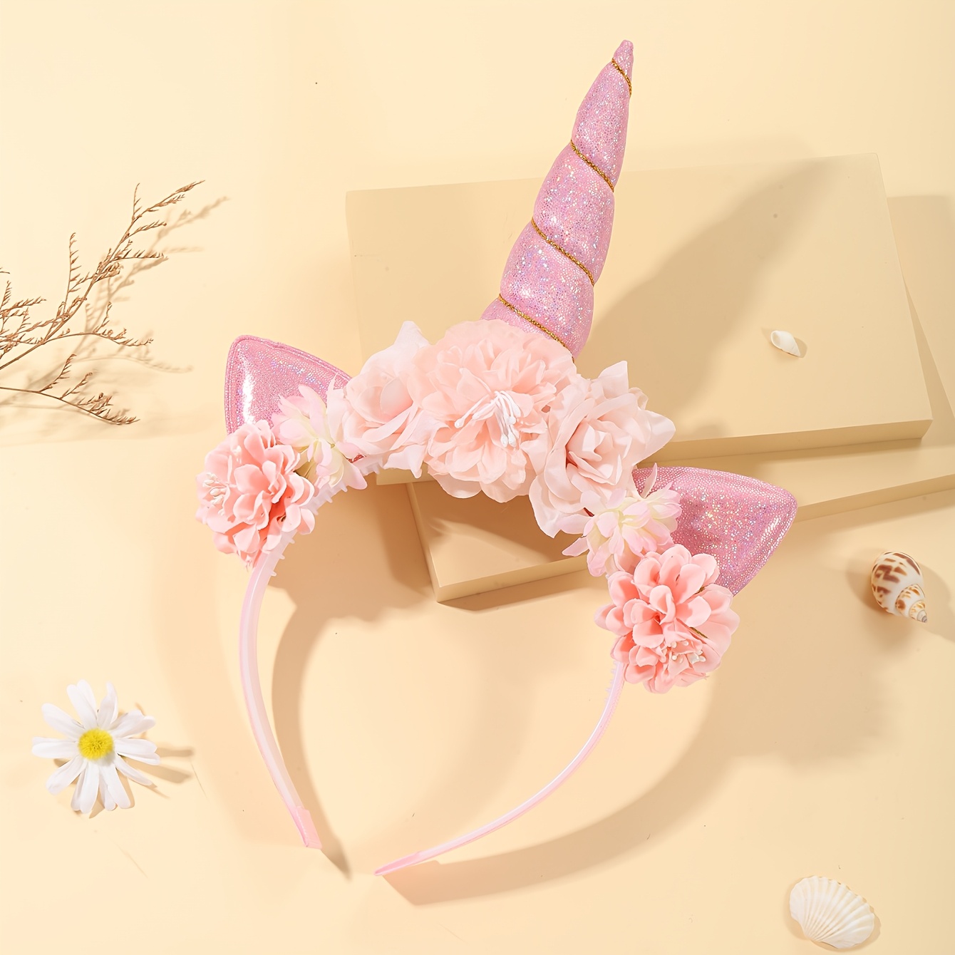 TEMU 1pc Unicorn Artificial Flower Headband, Cute Fashion Headband Decoration, Suitable For Daily , Parties, And