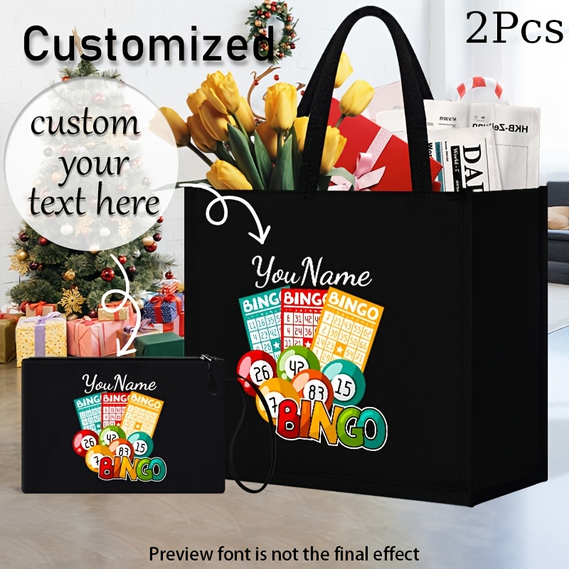 

2pcs Customized Bingo Element Printed Tote Bag Set, Lightweight Shopping Bag With Makeup Bag, Portable Travel Beach Bag