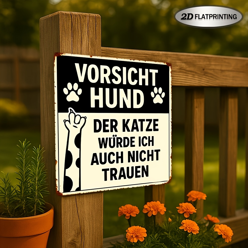Image of 2d Flat, 1pc Vintage German "vorsicht Hund" (beware Of Dog) Metal Sign - Heavy-duty Aluminum Funny Warning Plaque For Dog Lovers, Garage, Porch & - Humorous Outdoor/ German Text Wall Decor, 2d Flat