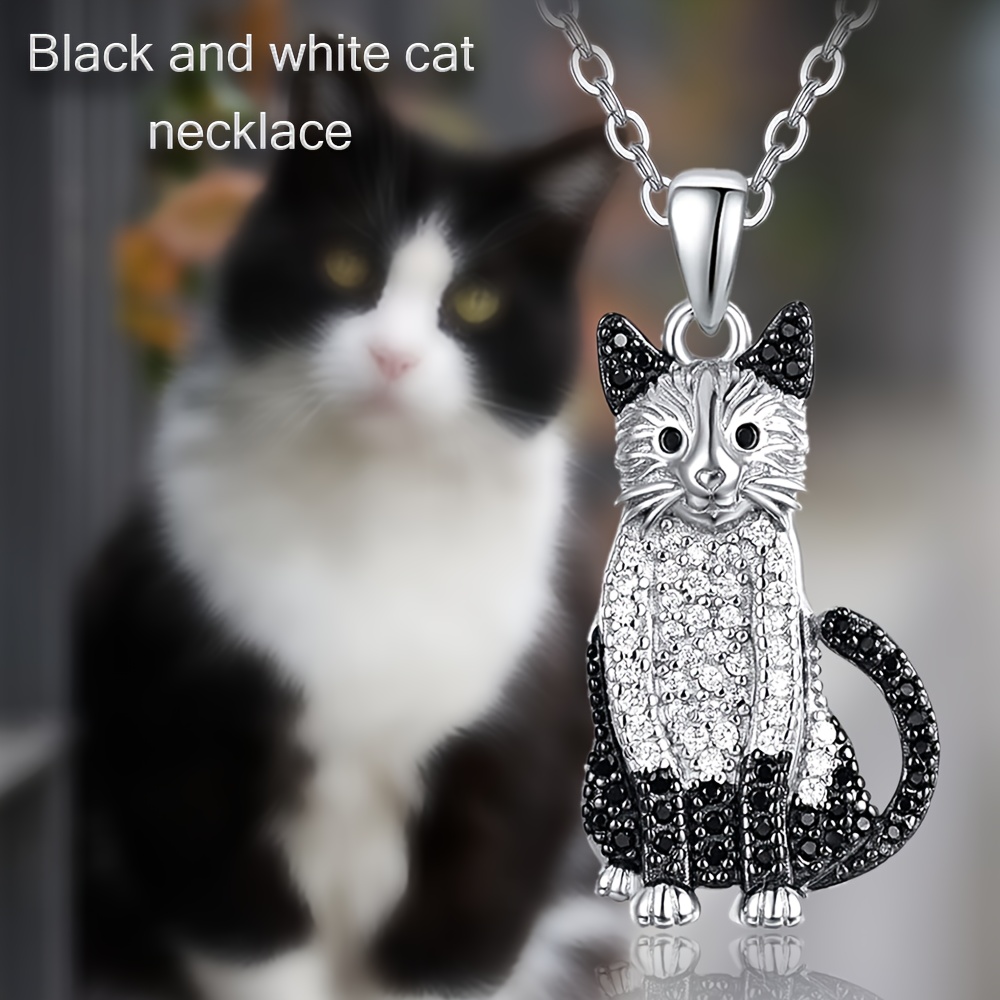 

Elegant Black & White Cat Pendant Necklace With Sparkling Cubic Zirconia Accents - Alloy Jewelry For Girls, Ideal For Birthdays, Holidays & Party Gifts, Cat Jewelry