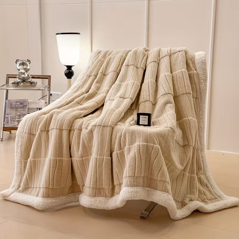 1pc luxury fleece thick double layer blanket plush winter bedspread machine washable cozy throw for bed sofa outdoor decor in brown navy burgundy dark green light green pink Product details 5