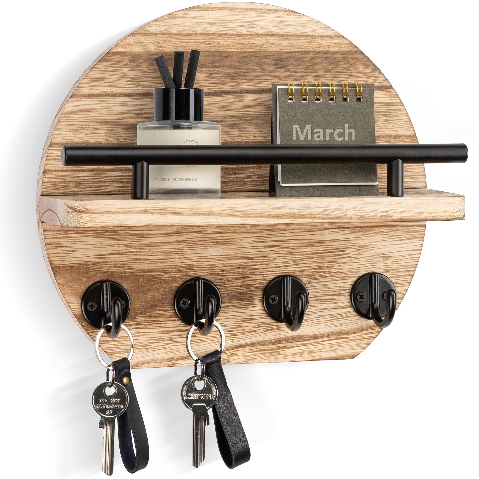 E-shop Wandmontierter Schlüsselhalter aus Holz – Wanddeko für Wohnung mit Ablage Schlüsselhaken, runder Schlüsselaufhänger aus Holz für Zuhause