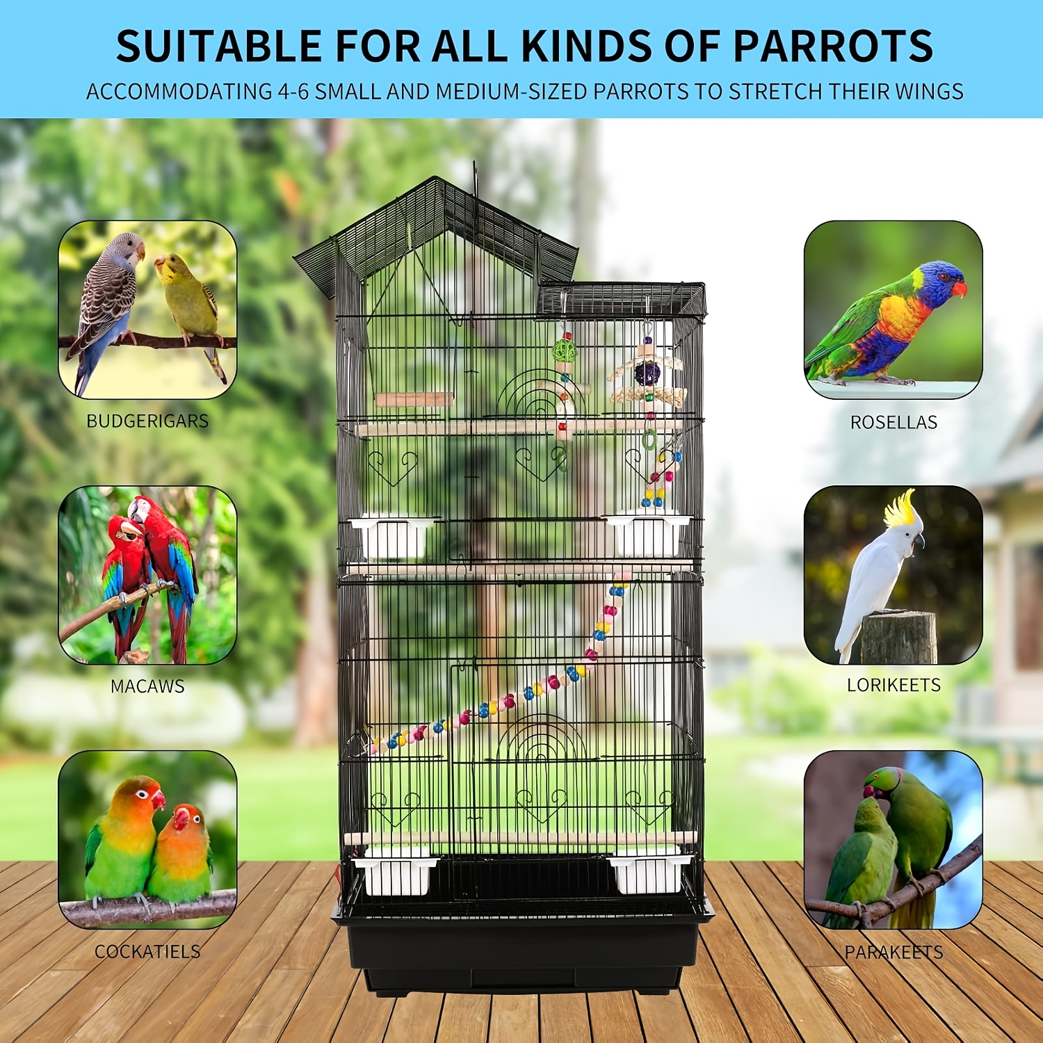 TEMU Birdcage With Toys, 4 Feeders, Removable Tray, Parrot Cage, 49 X 34 X 100cm, Suitable For Indoor And Outdoor Patios.