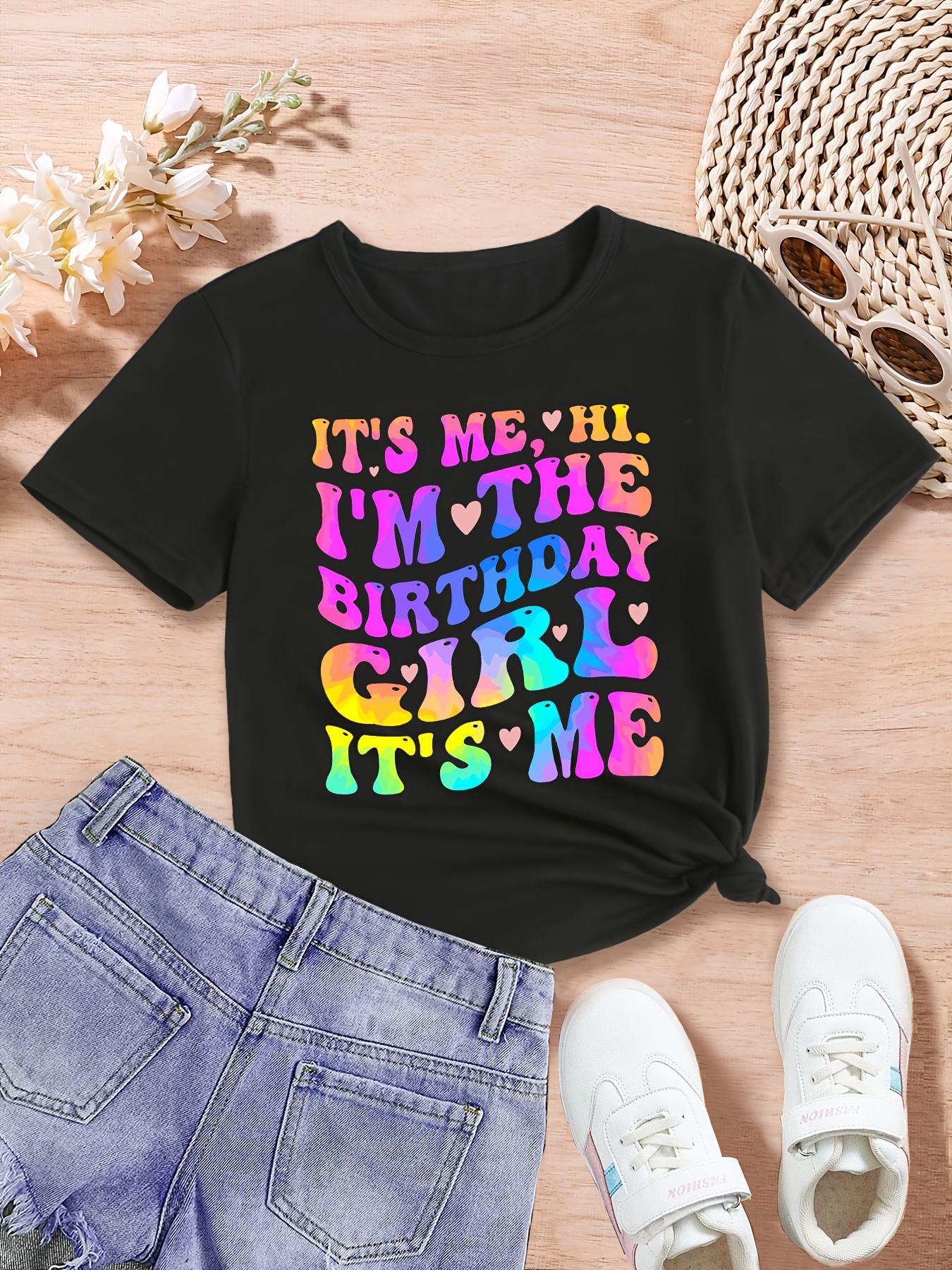 It's Me Hi I'm The Birthday Girl Print Girls' Stylish & Comfy Crew Neck Short Sleeve T-Shirt For Spring & Summer Girls' Clothes