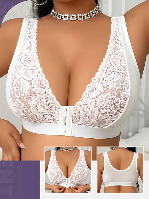 1pc womens plus size wireless bra wide straps front closure lace jacquard pressure relief and shockproof support and lift suitable for plus size and large bust
