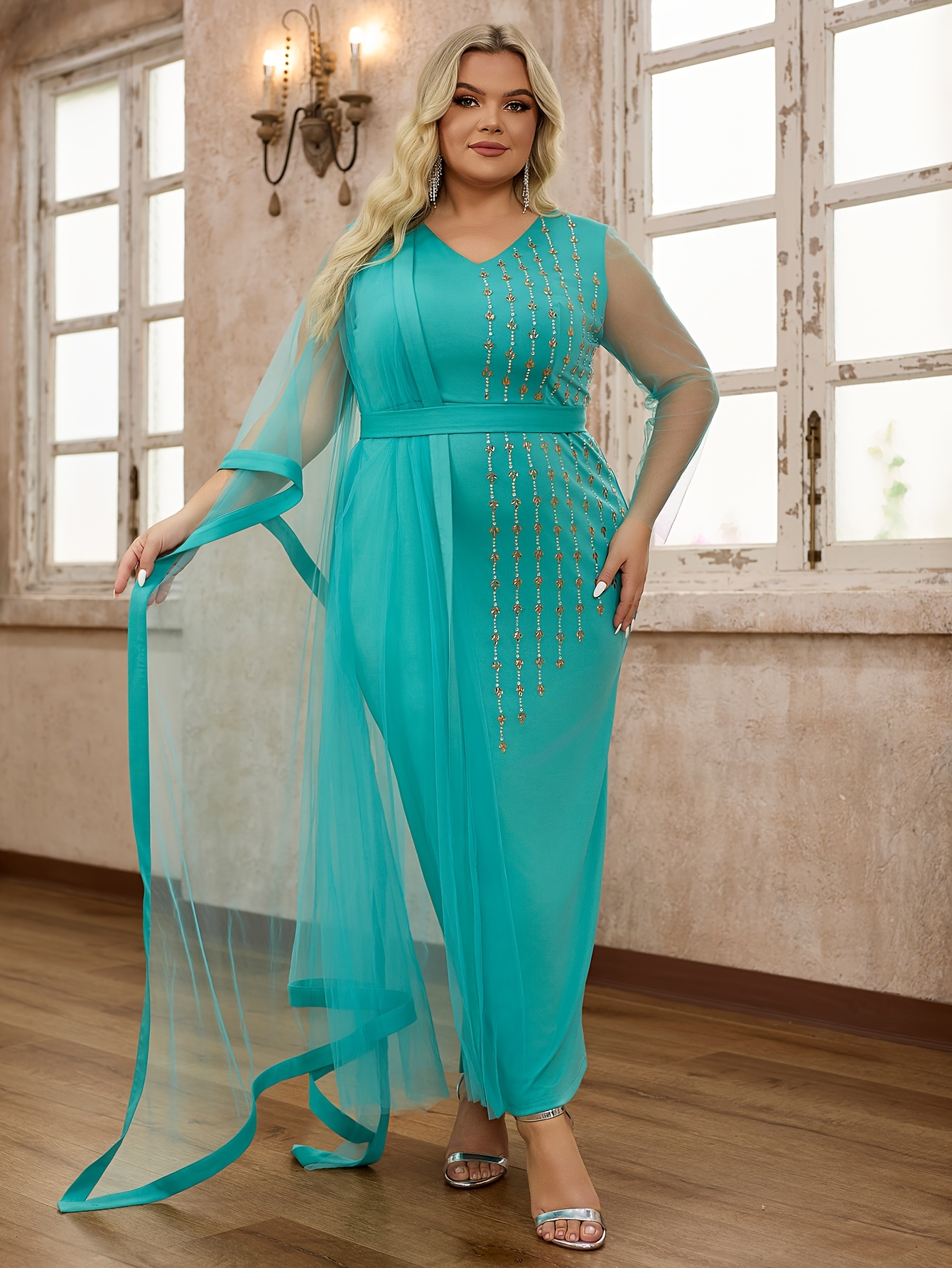 plus size women's elegant v neck long sleeve evening gown Temu