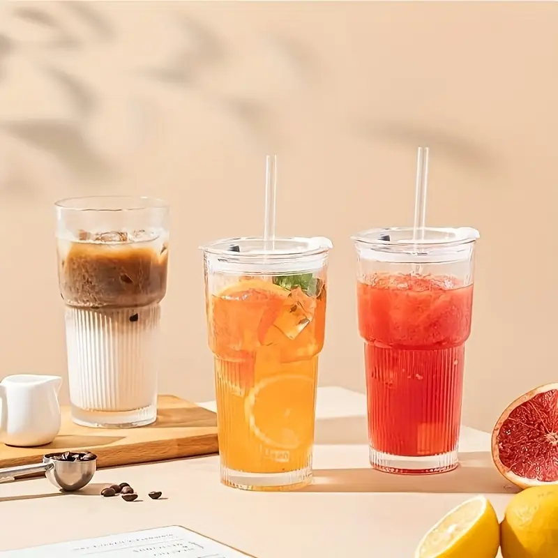 2pcs glassware set 600ml 20oz ribbed glass bucket with lid and glass straw thick glass iced coffee smoothies cocktails and juices elegant and durable beverage vessel Product details 3