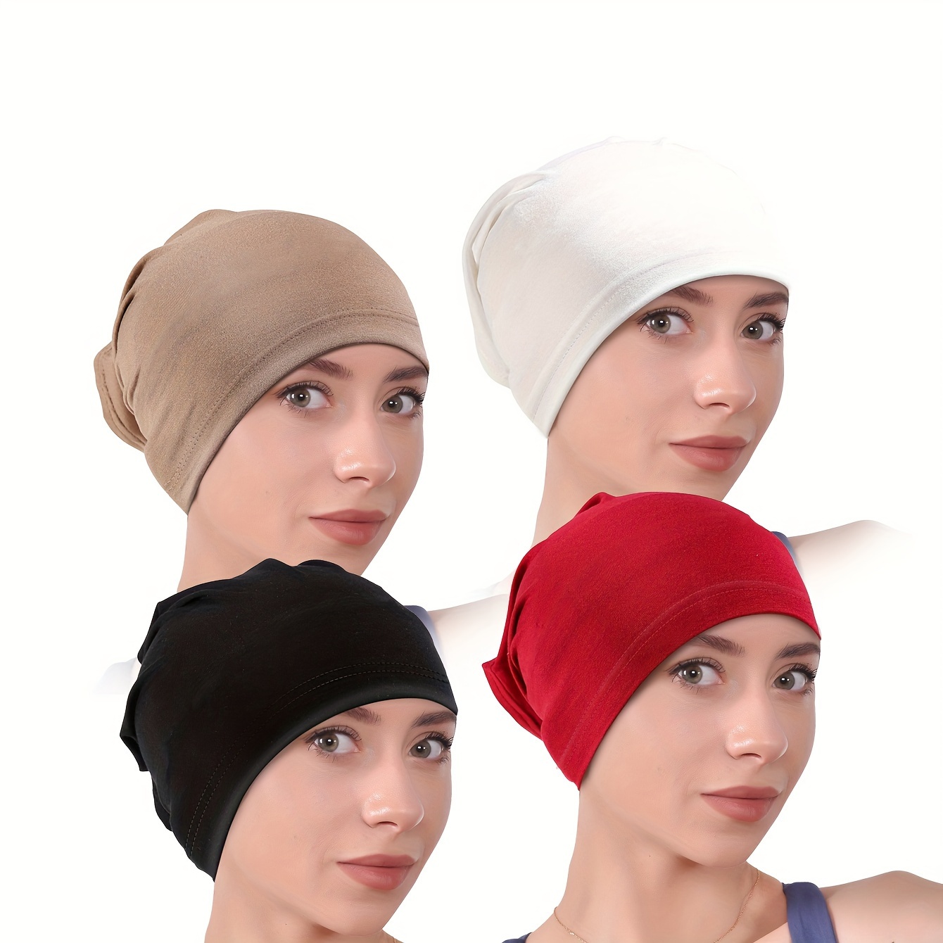 

4pcs Solid Color Undercaps, Elastic Versatile No Brim Base Caps, Comfortable Lightweight Inner Hijab Caps Gifts For Eid