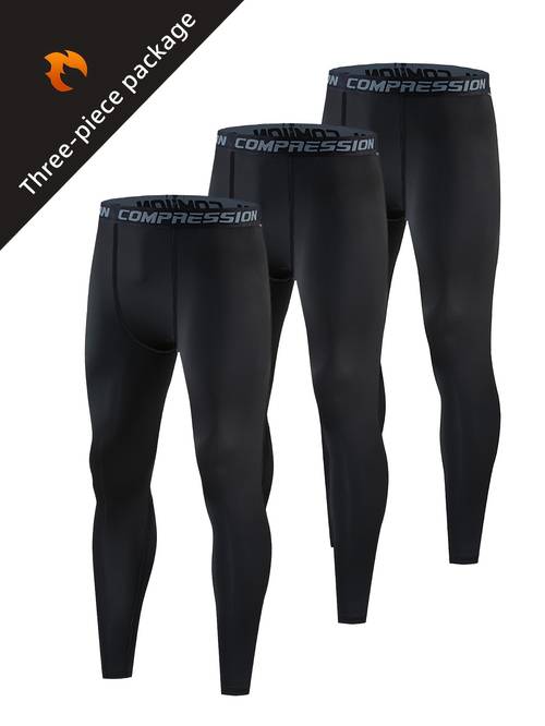 3pcs mens high compression leggings breathable stretchy sports tights for running yoga basketball training solid color black