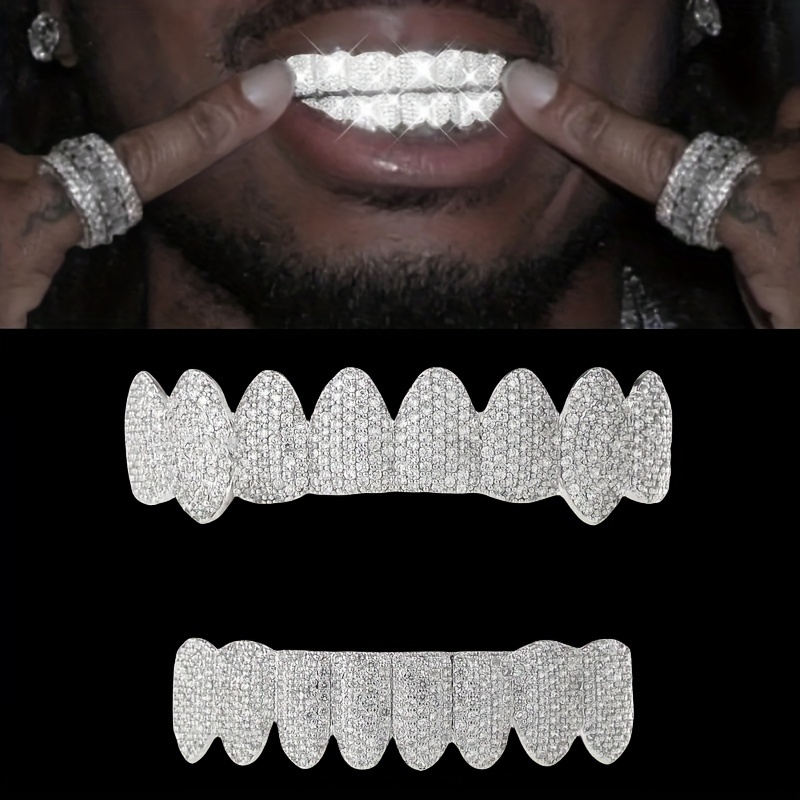 

2-piece Set Men's Hip Hop Style Shiny Cubic Zirconia Teeth Grillz - Punk Streetwear Fashion Accessory For Parties & Rapper Looks