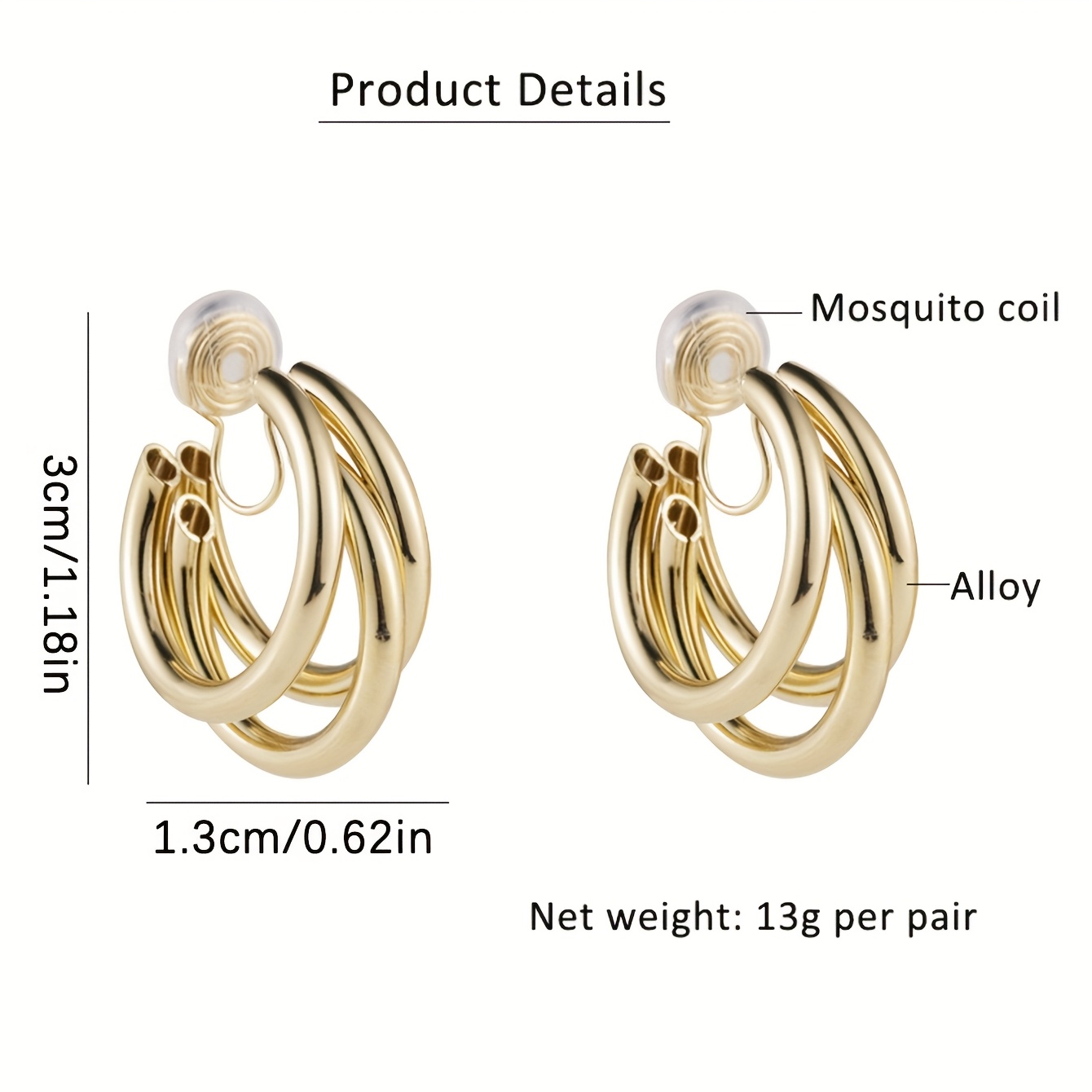 Golden C-Shaped Circle Clip Earrings, No Piercing