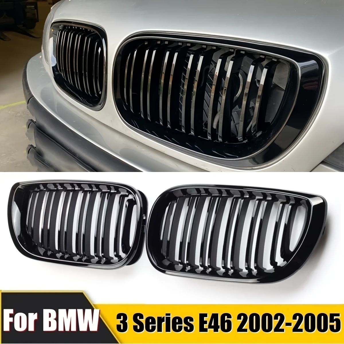 

1 Pair Black Double Slat Kidney Grille For Bmw E46 (2002-2005) - Premium Abs Front Bumper Hood Grille, , No Modification Required