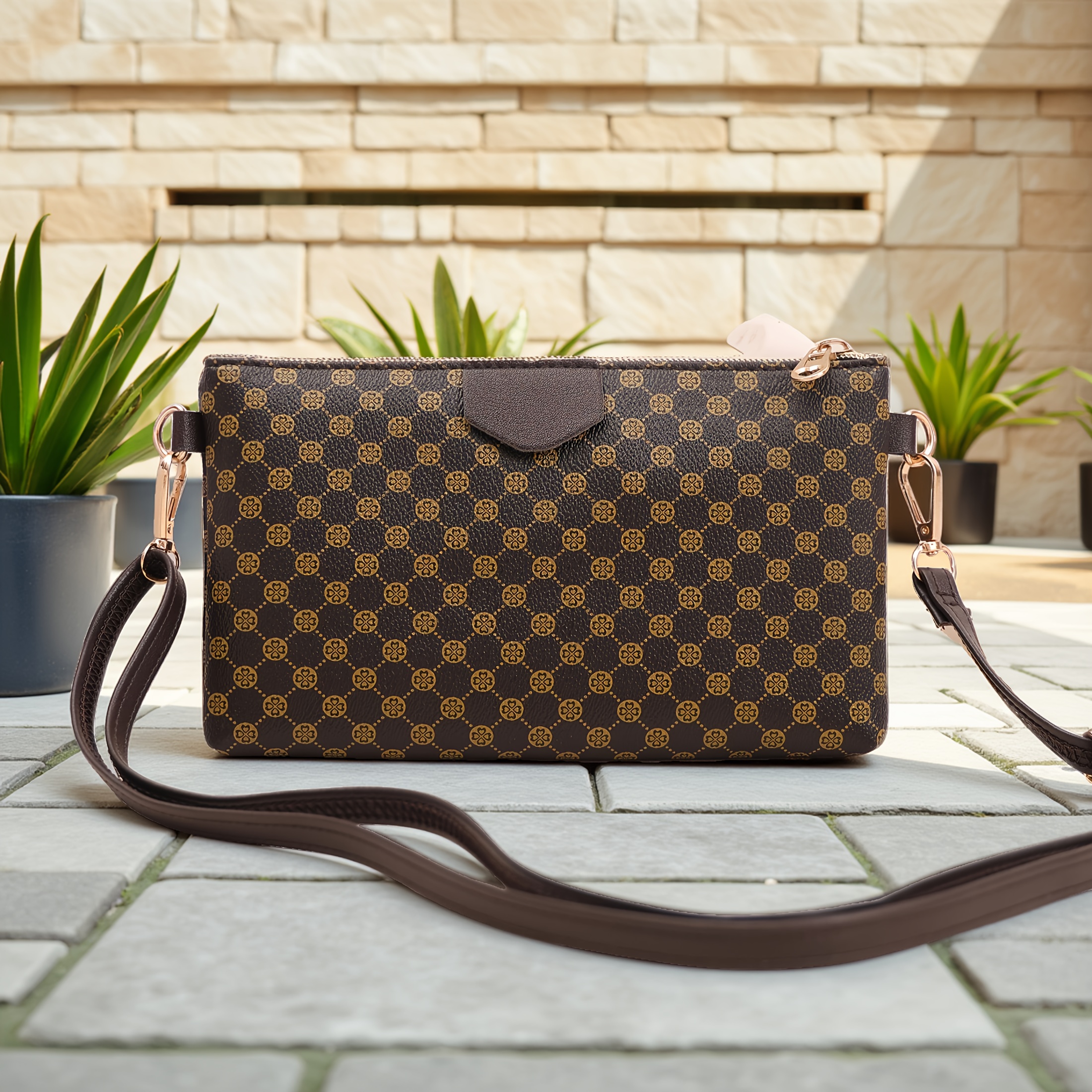 TEMU Women's Crossbody Bag, Retro Geometric Print Small Square Bag, Western Style Location Print Women's Crossbody Bag, Suitable For Daily Commute,
